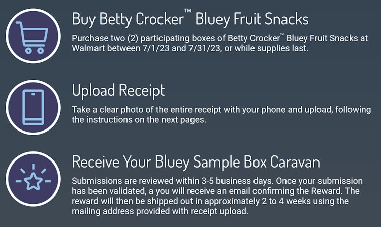 Directions for submitting a receipt for Bluey fruit snscks for a free sample caravan