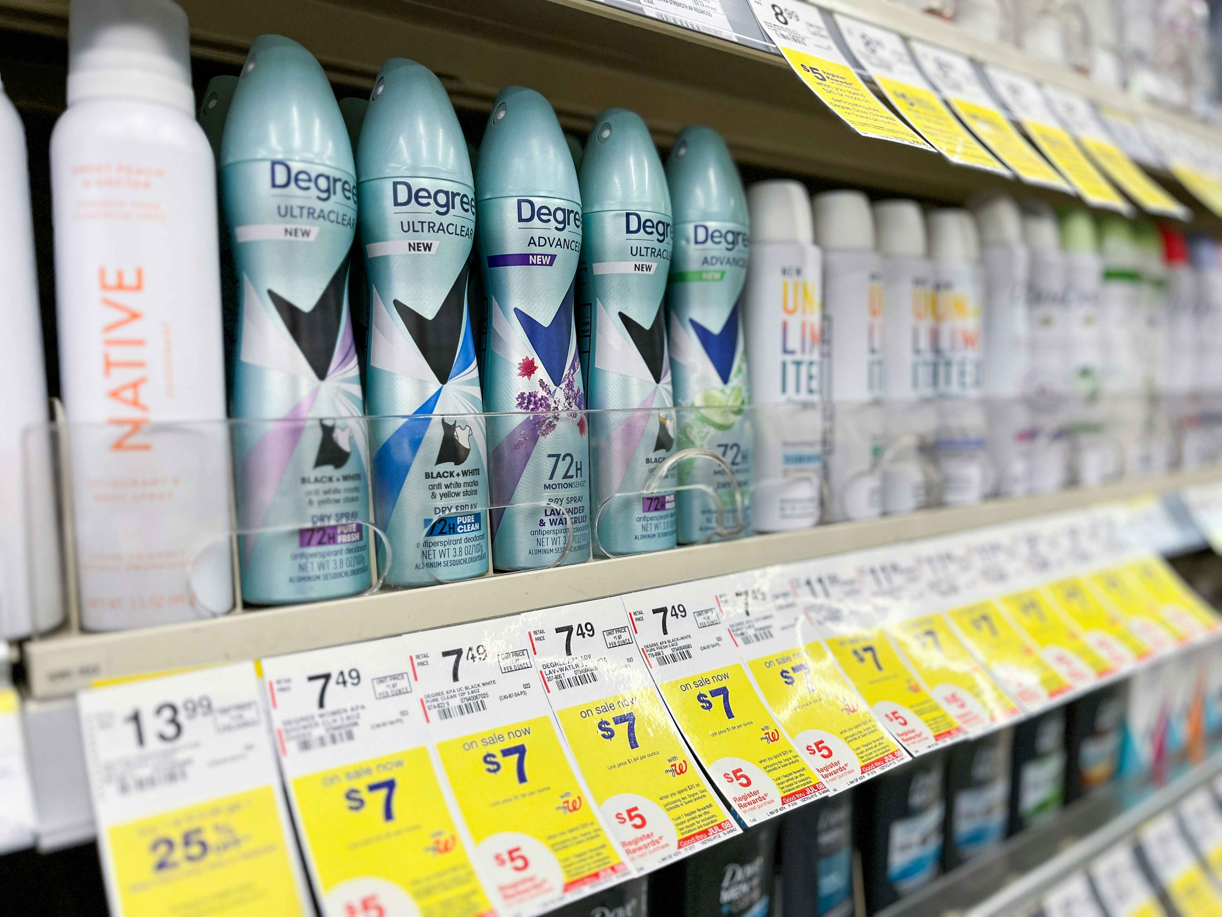 walgreens shelf with sale tags and degree dry spray deodorant