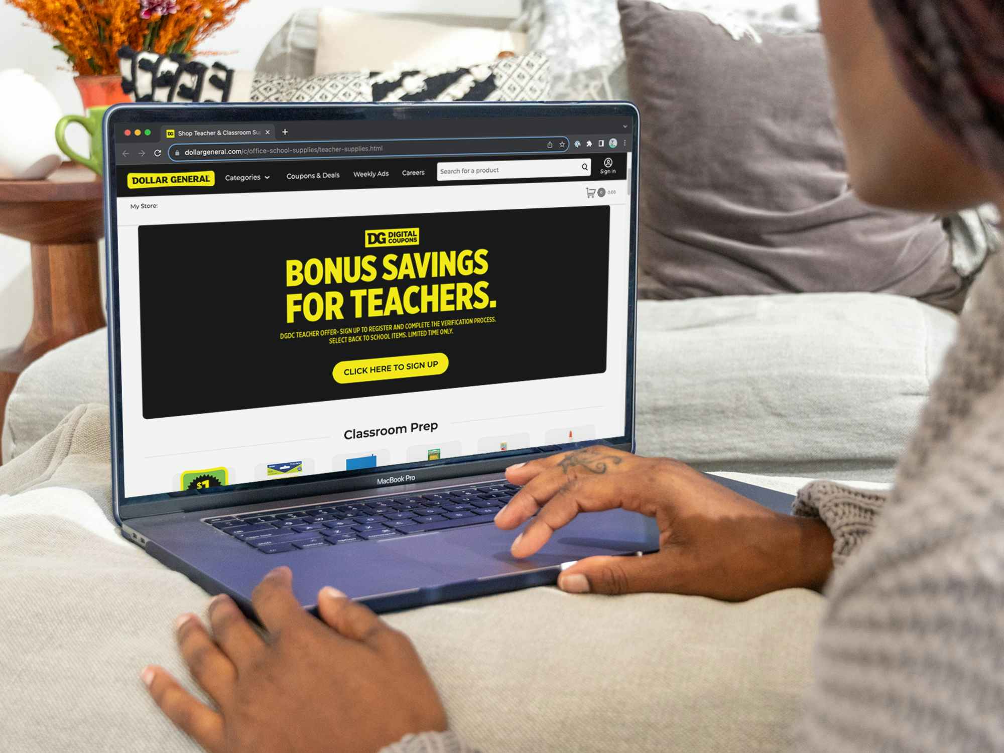 Someone looking on the Dollar General website page for the Teacher Discount
