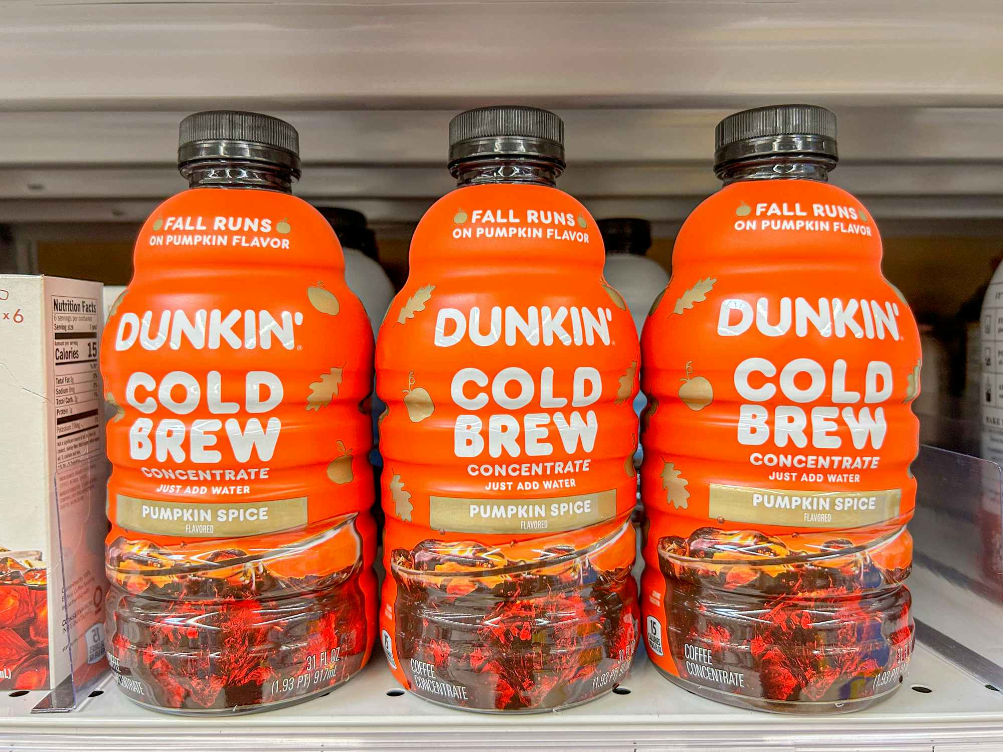 dunkin pumpkin spice cold brew on a store shelf