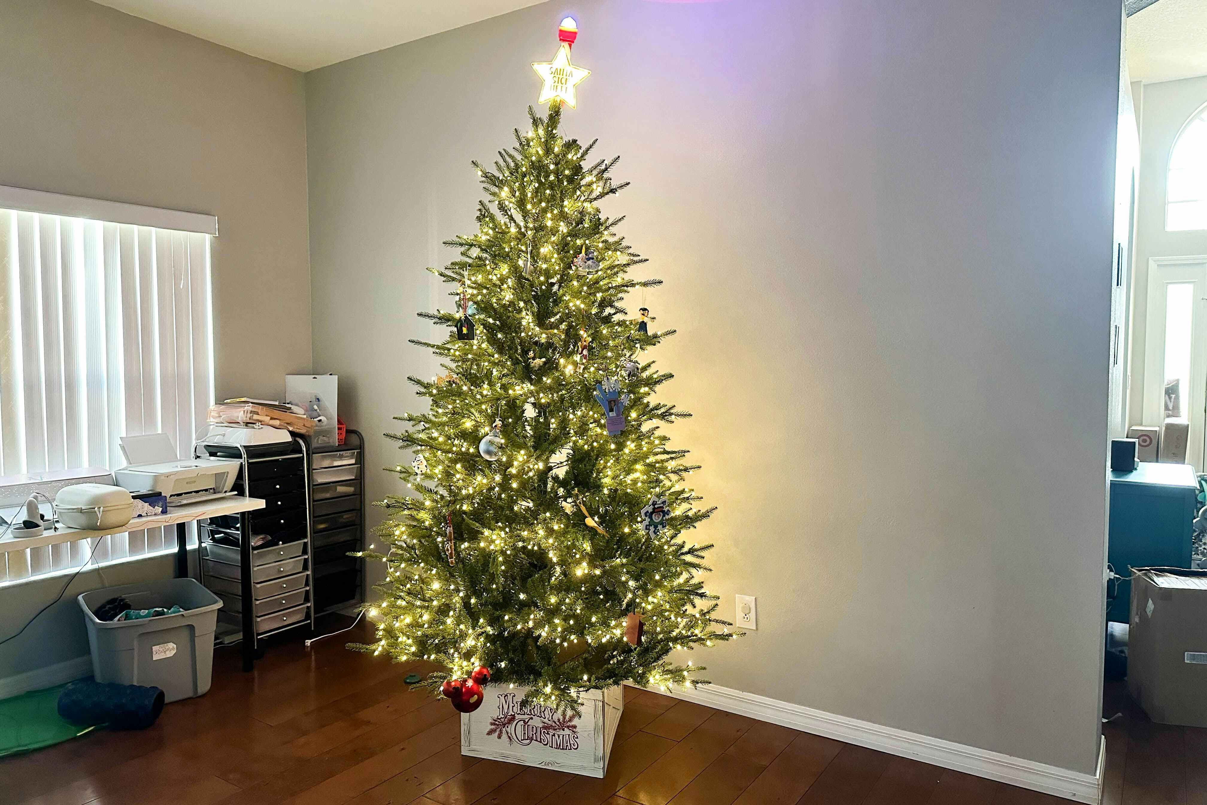 home depot christmas tree in a home office