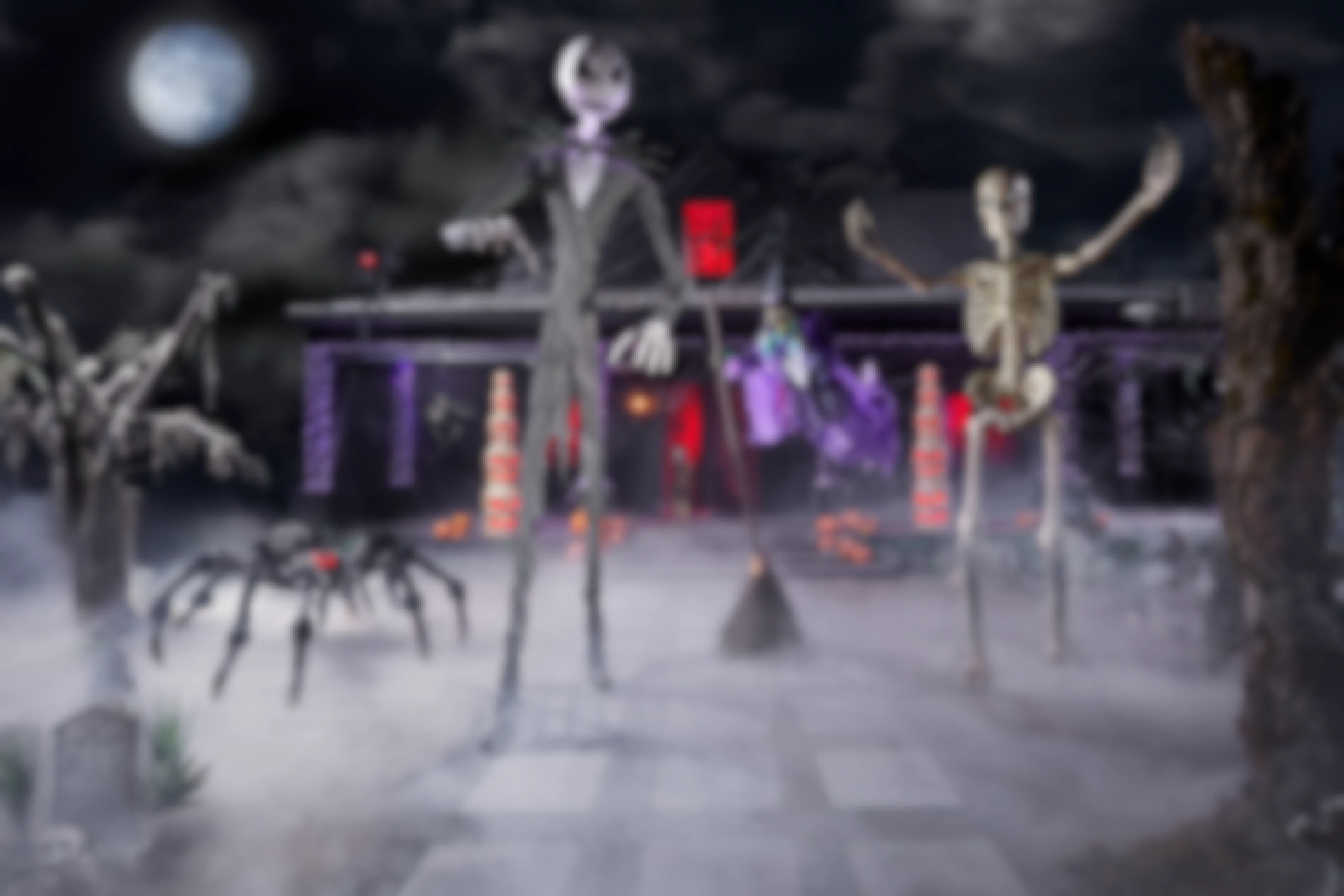 Jack Skellington and other Halloween decor in a foggy setting.