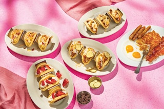 ihop pancake tacos next to a combo of eggs, bacon, and hashbrown on a pink background