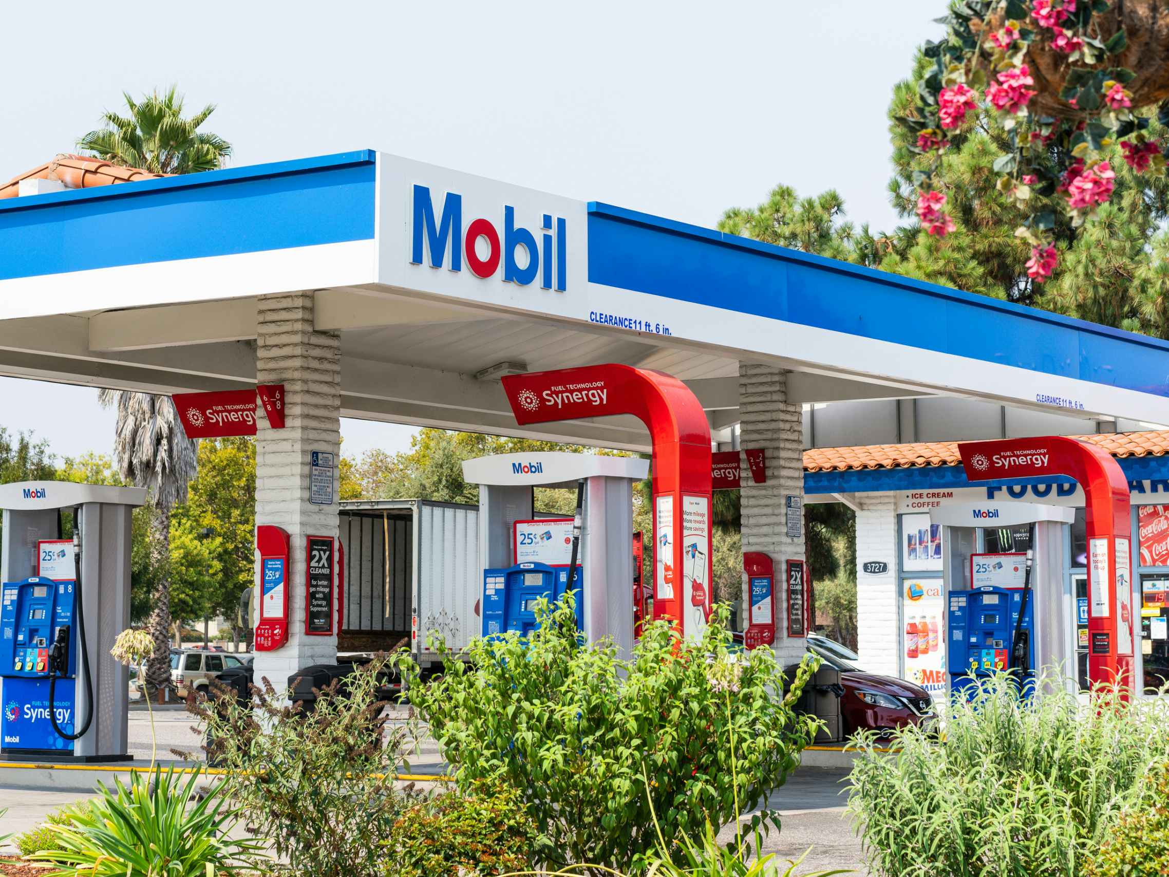the exterior of a mobil gas station 