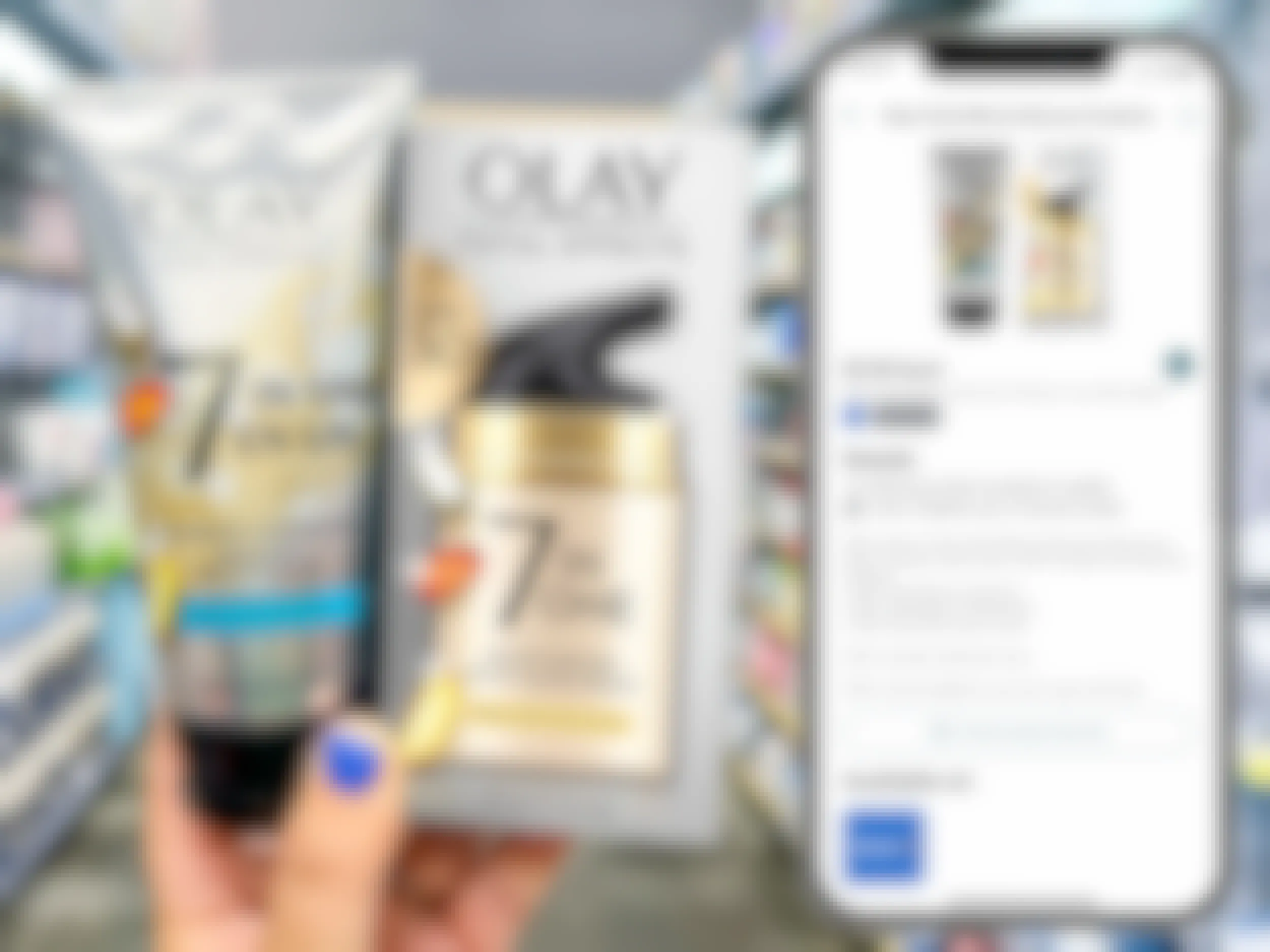 hand holding olay total effects skincare products and screenshot of ibotta deal on phone
