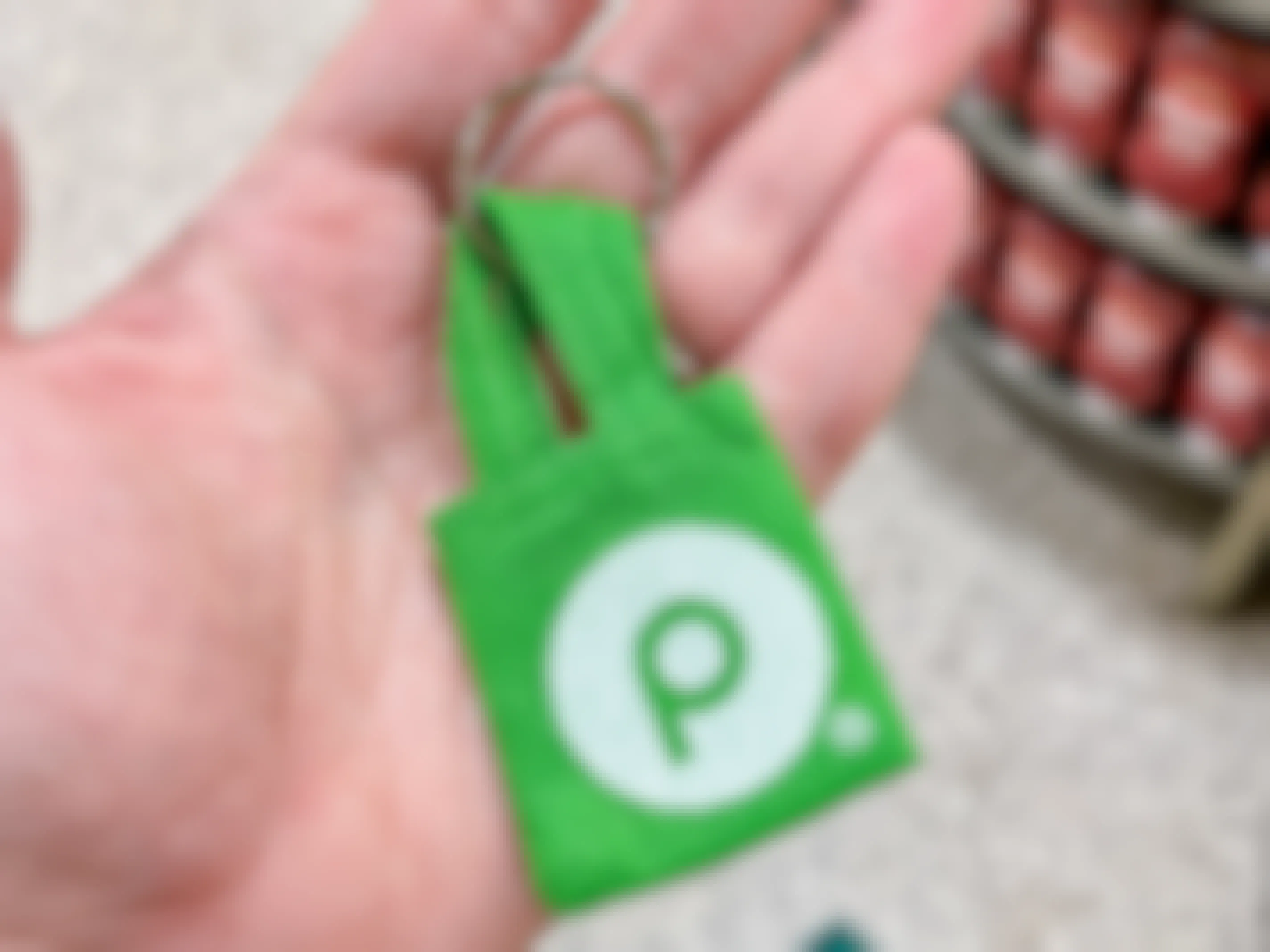 a person holding up a mini reusable bag keychain 