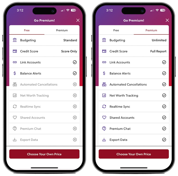 Two phones, one showing the benefits of the Lite (free) version of Rocket Money, and the other showing all of the premium benefits