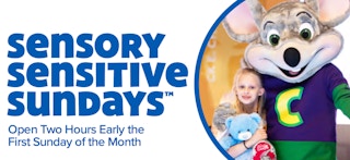 A banner for the Sensory Sensitive Sundays at Chuck E Cheese