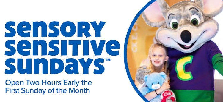 A banner for the Sensory Sensitive Sundays at Chuck E Cheese