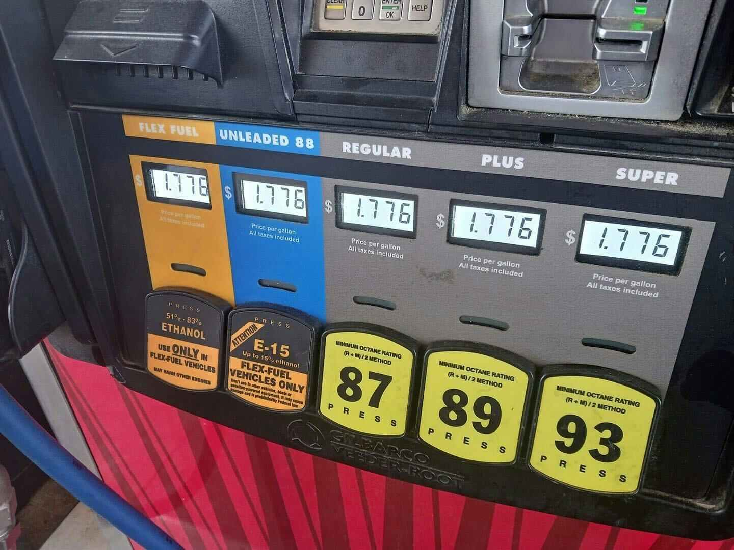 A Sheetz gas pump on July 4, with $1.776 per gallon prices on every fuel type.