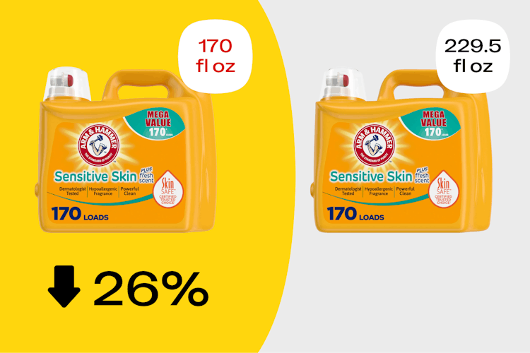 Graphic showing how Arm & Hammer detergent is 26% smaller thanks to shrinkflation