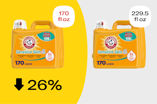 Graphic showing how Arm & Hammer detergent is 26% smaller thanks to shrinkflation