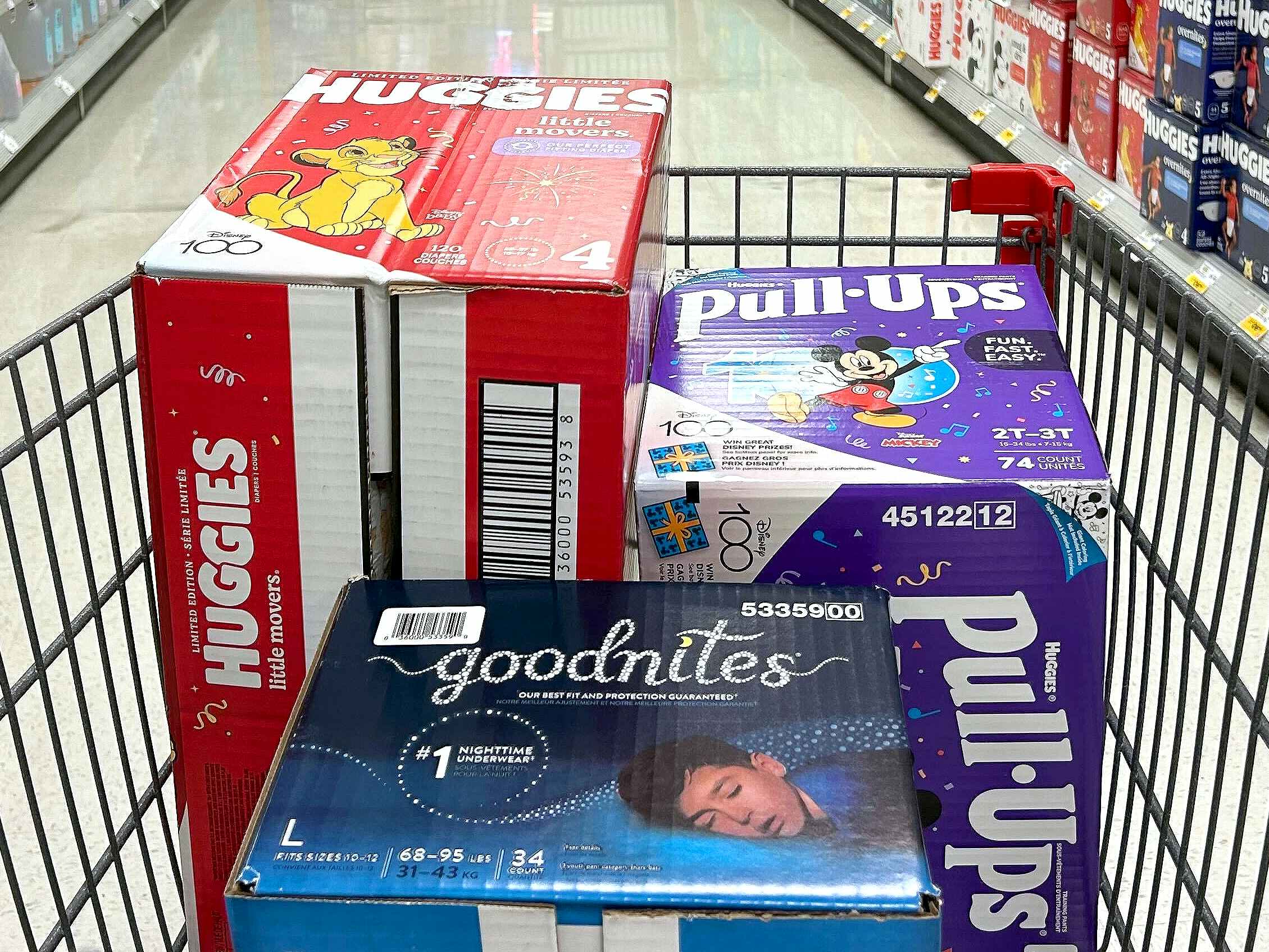 huggies, pull-ups, and goodnights diapers in shoprite shopping cart