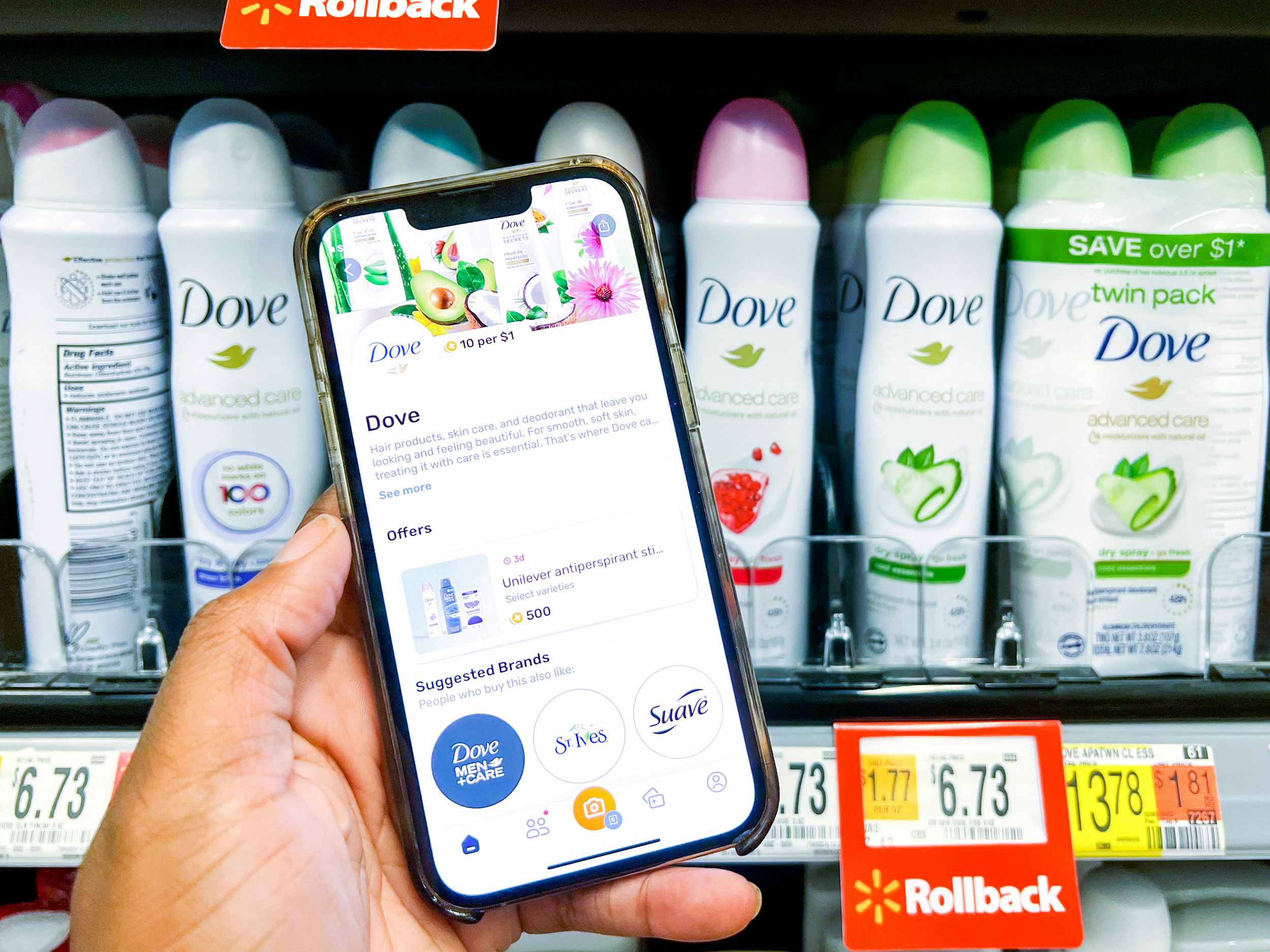 person holding a phone with fetch screenshot for dove advanced care deodorant at walmart