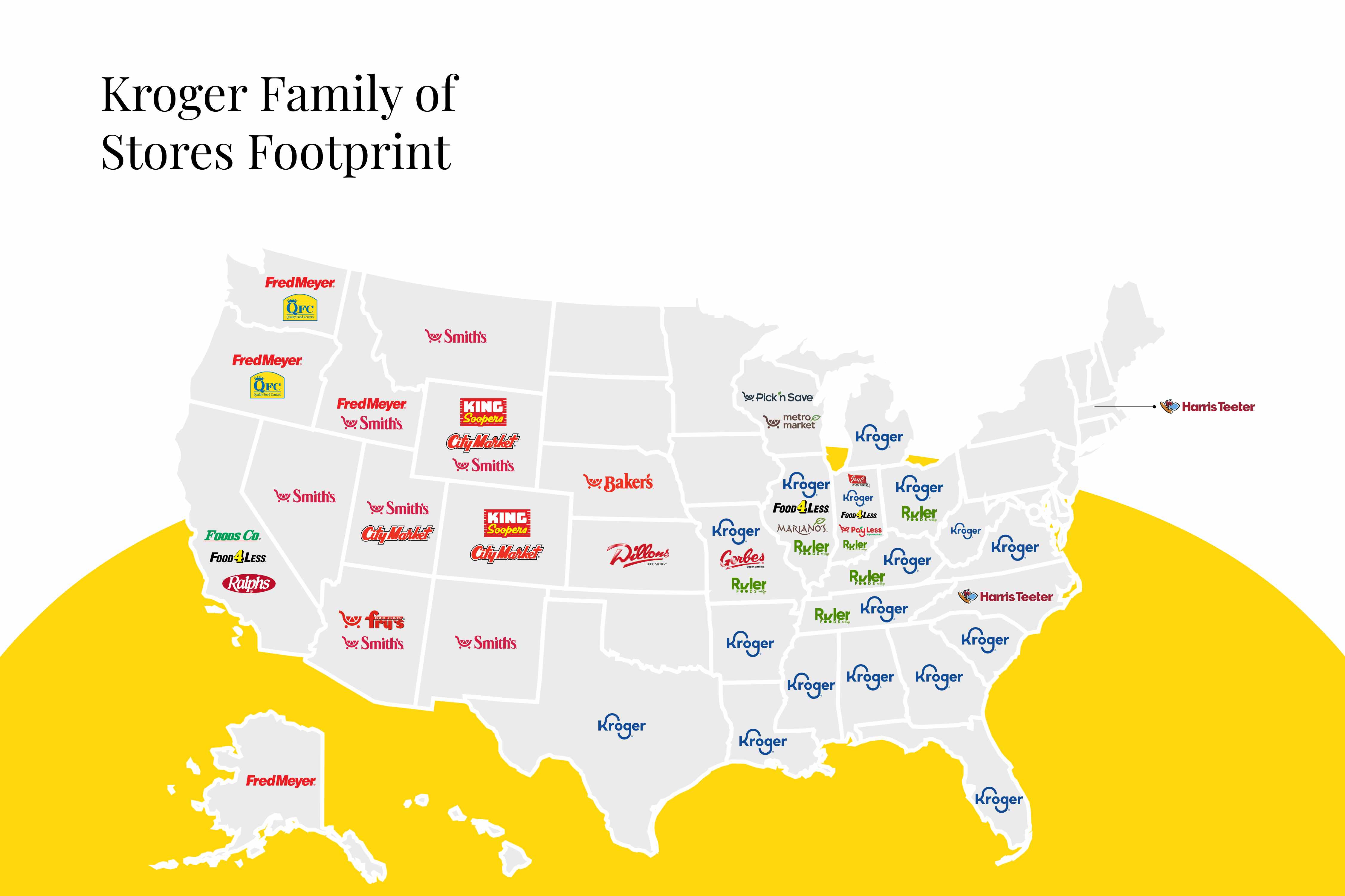 U.S. map showing the grocery stores Kroger owns.