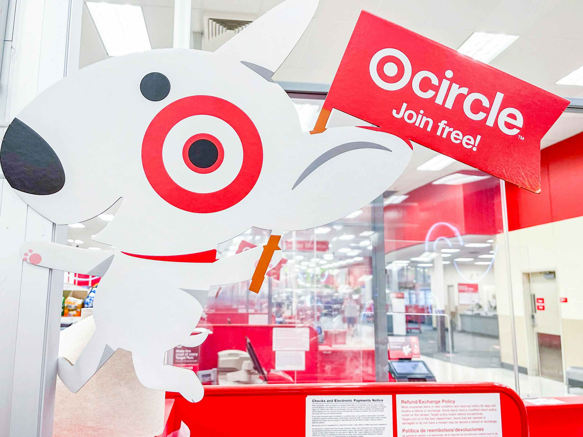 join now circle sign with target bullseye dog