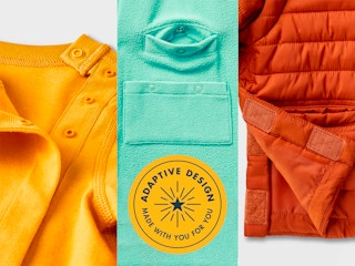 collage of three kids clothing items from target with adaptive design elements and badge