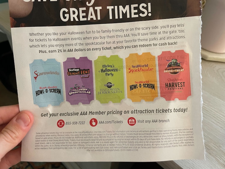 Clip of a AAA ad that promises discounts and 2% cash back when you book Halloween events through AAA.