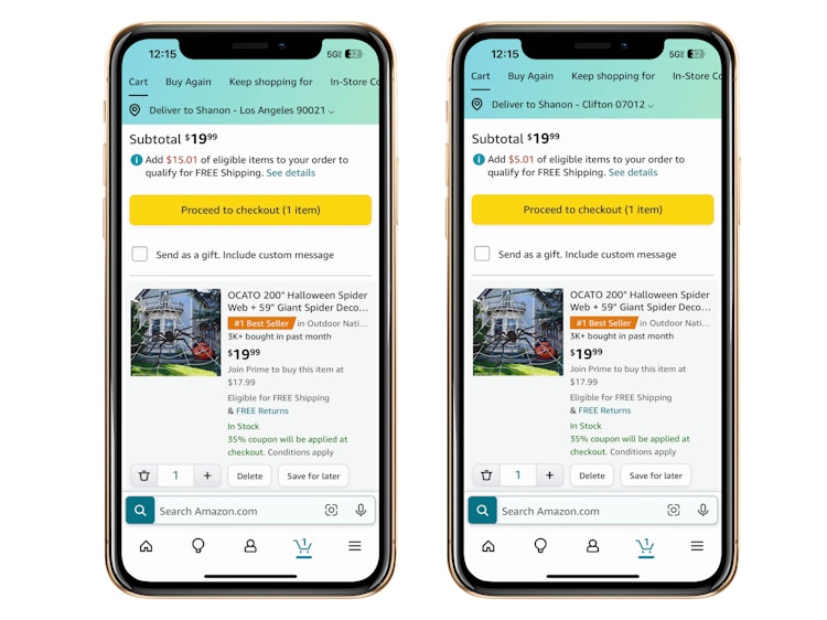 California vs new jersey amazon shipping costs side by side on an iphone
