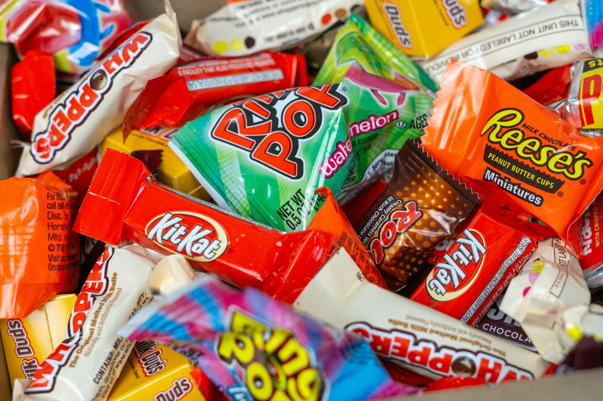 a close up on a pile of Halloween candy