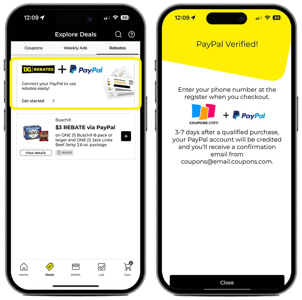 two phones displaying linking your paypal account to the dollar general app
