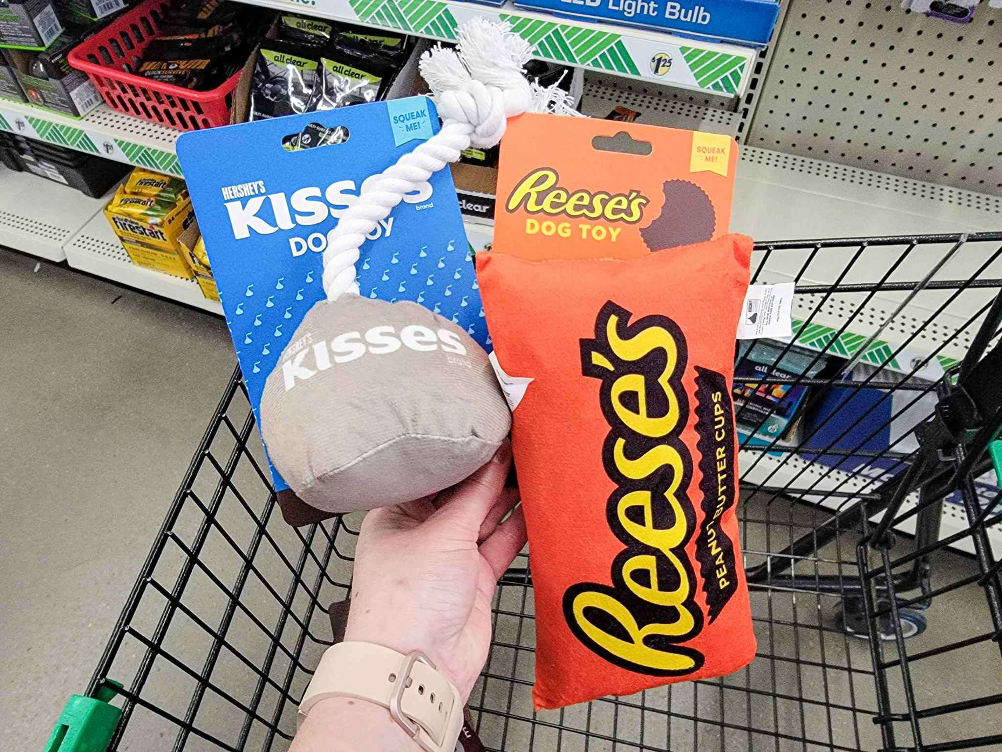 hersheys and reeses dog toys in a cart