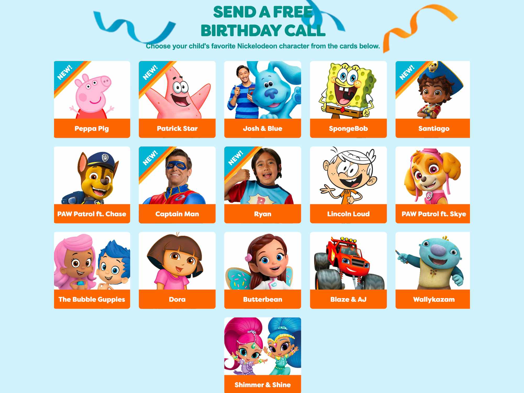 characters from the free nick jr birthday phone call 