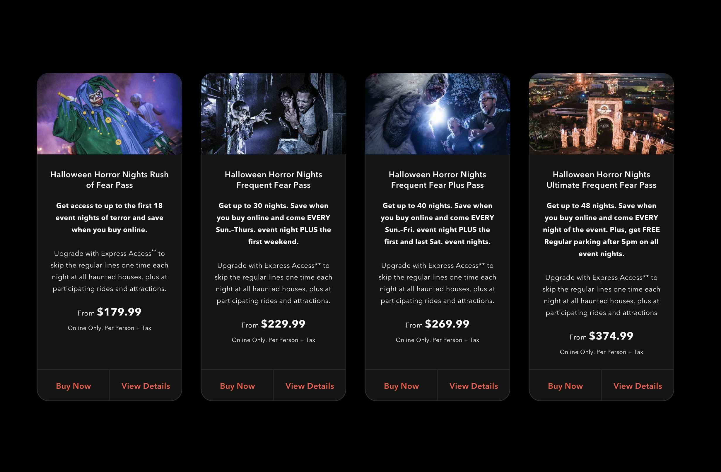 Graphic showing the different prices offered for multi day passes at HHN