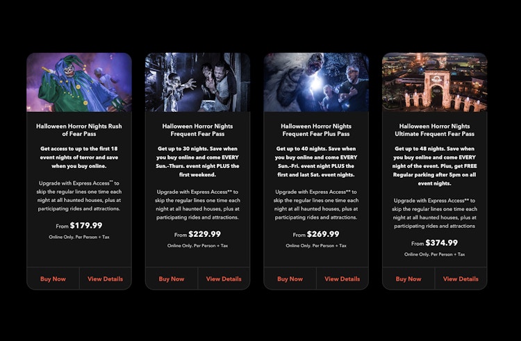 Graphic showing the different prices offered for multi day passes at HHN