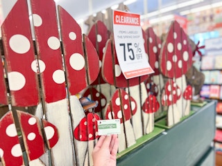 mushroom wood signs on shelf