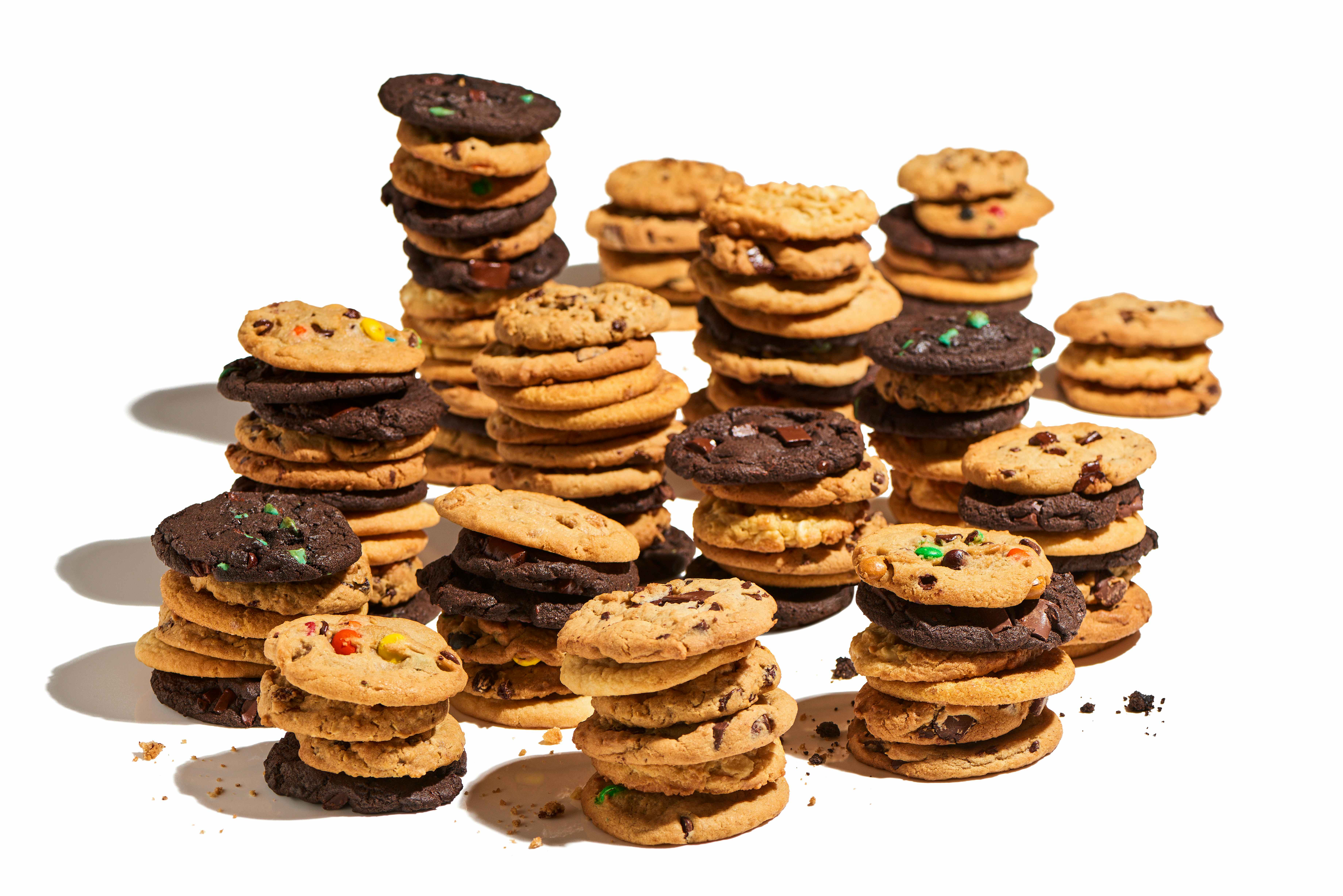 several stacks of cookies from Insomnia cookies