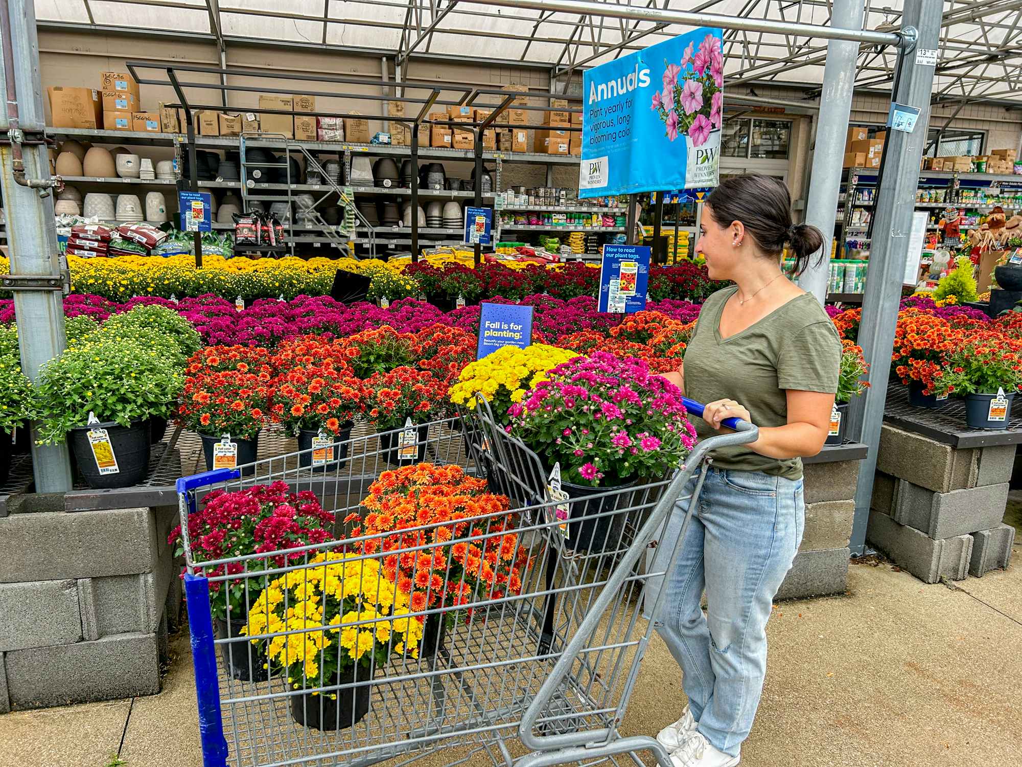 a person shopping for flowers at lowes