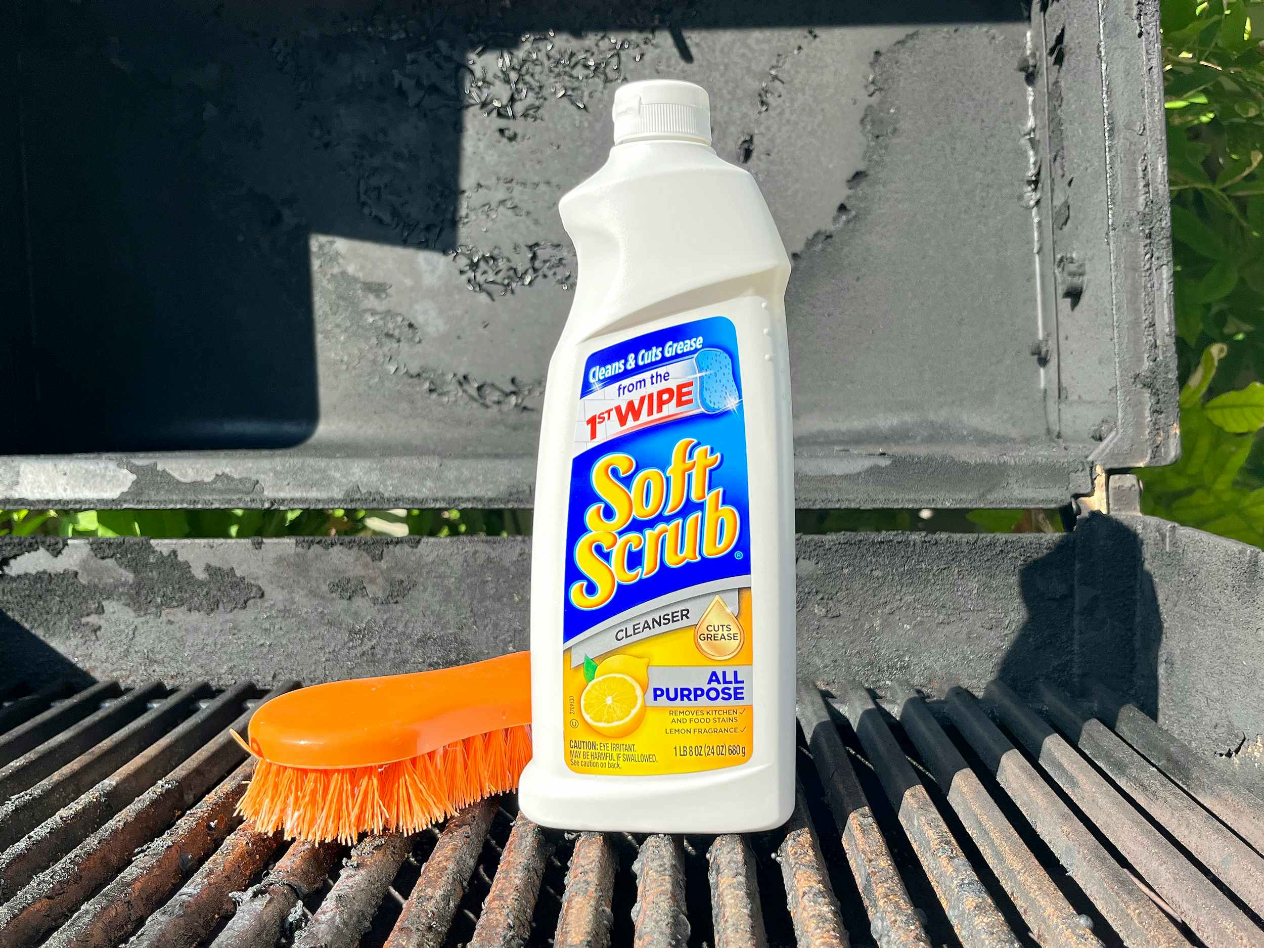 soft scrub all purpose cleanser and scrub brush on charcoal grill