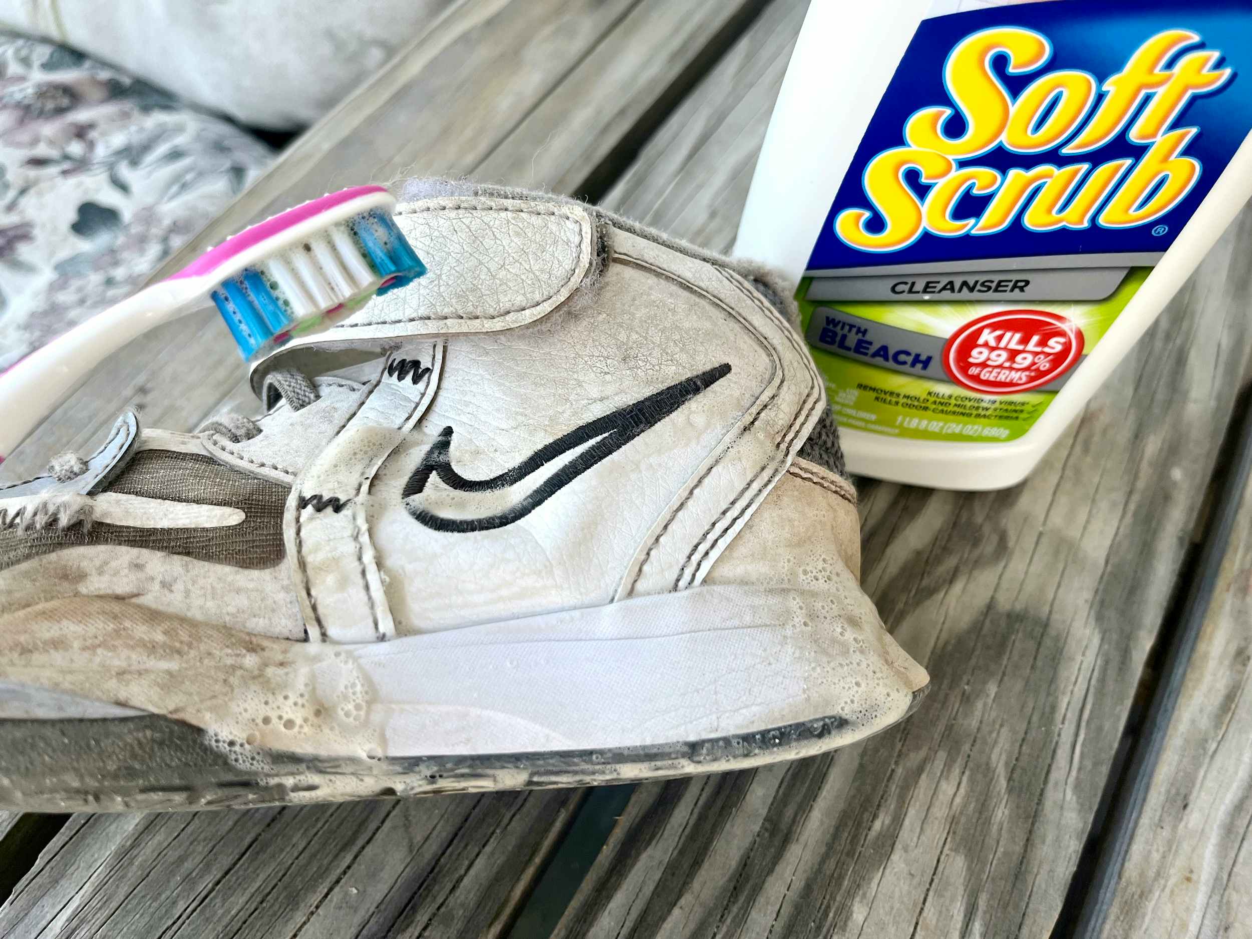 soft scrub cleanser with bleach and toothbrush for cleaning white sneakers