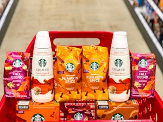 Starbucks group in cart of, pumpkin spice coffee, creamer, fall blend and keurig k cups