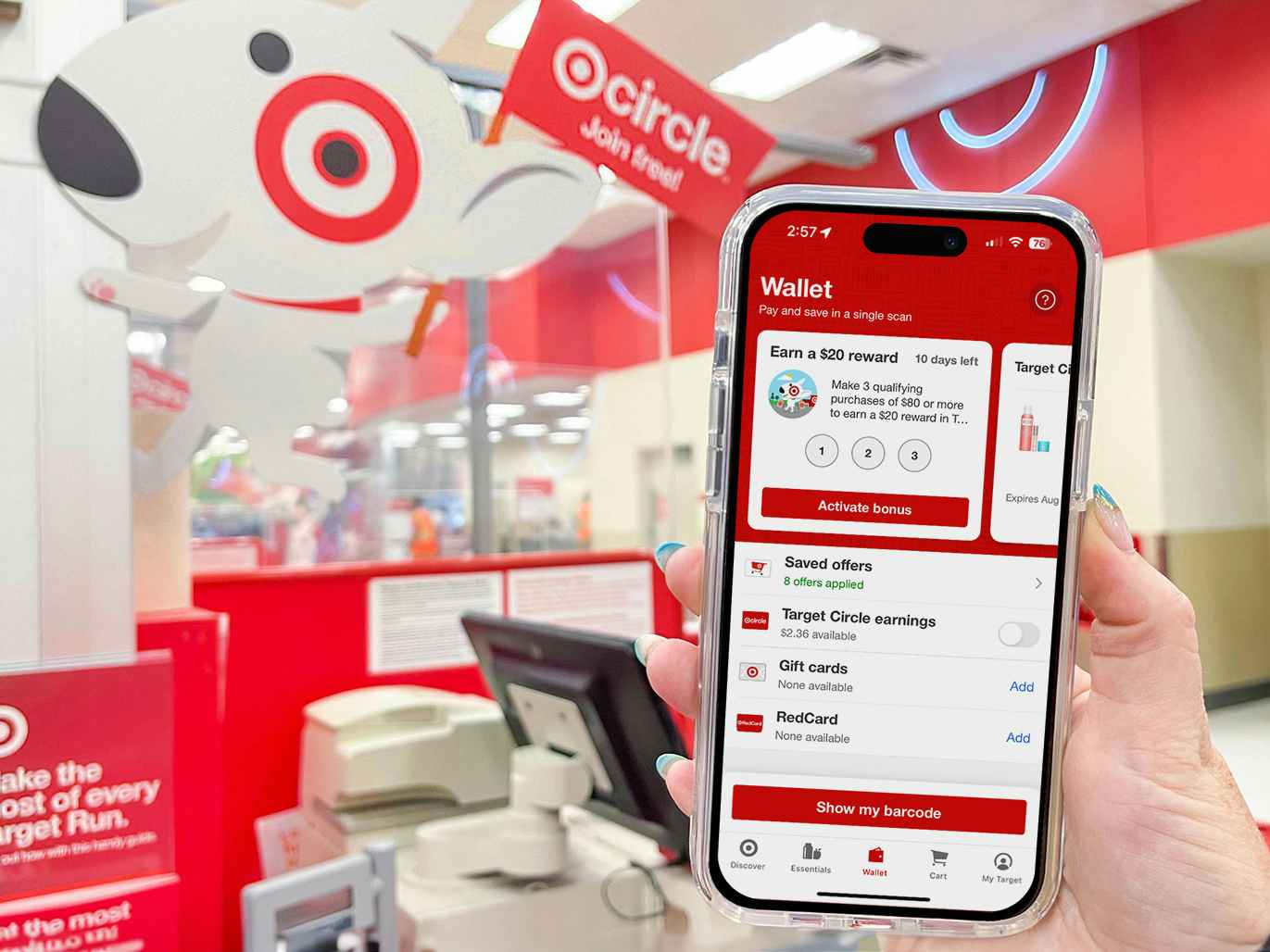 someone holding a phone displaying their Target Circle rewards earnings on the Target app