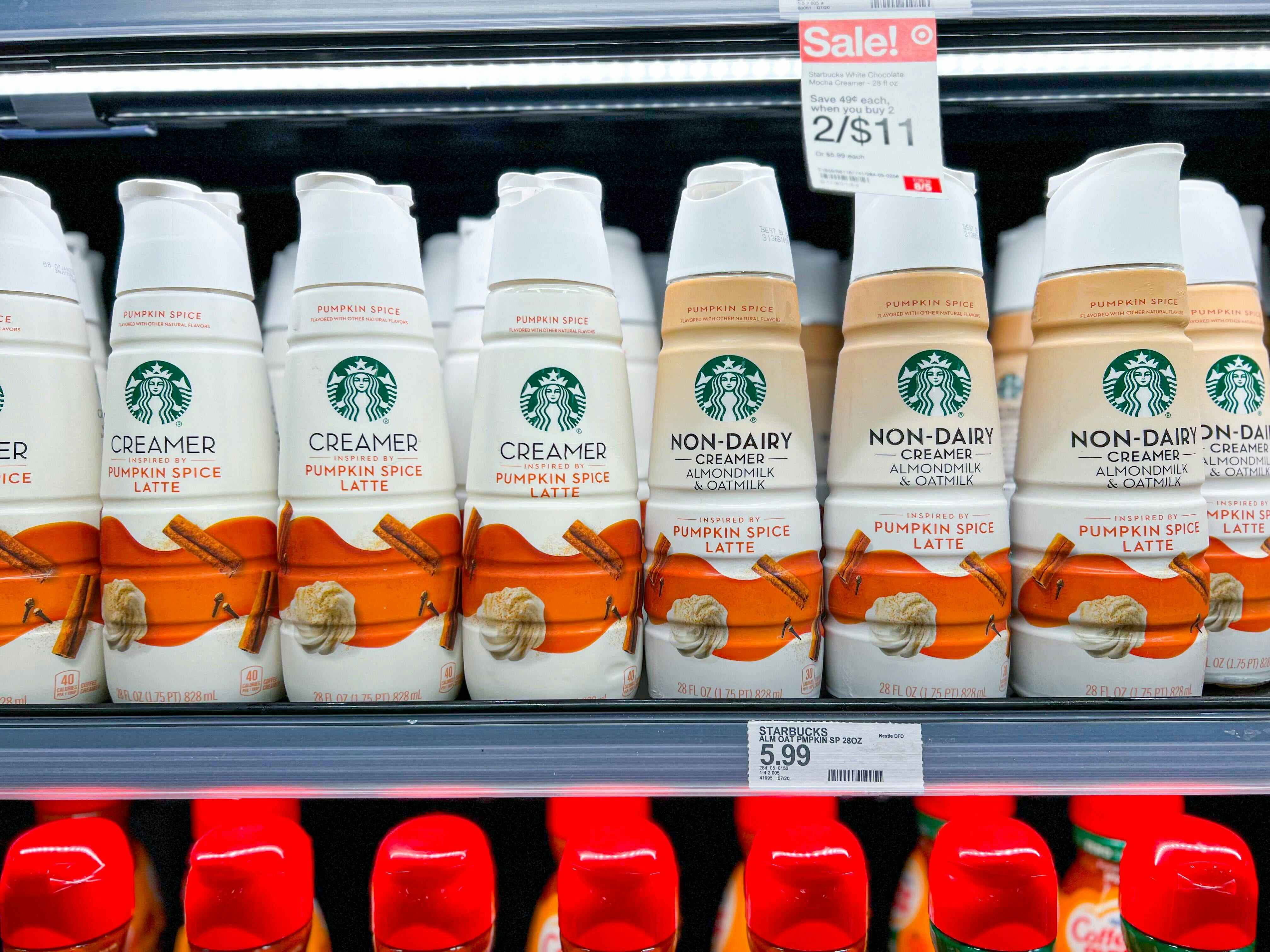 Starbucks coffee creamer pumpkin spice on fridge shelf