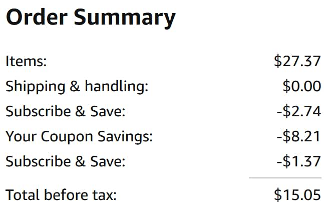 an amazon order summary ending in $15.05