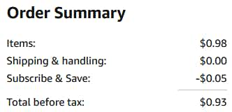 an amazon order summary ending in $0.93