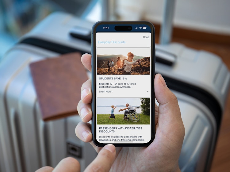someone looking at the Student Discount information on the Amtrak app