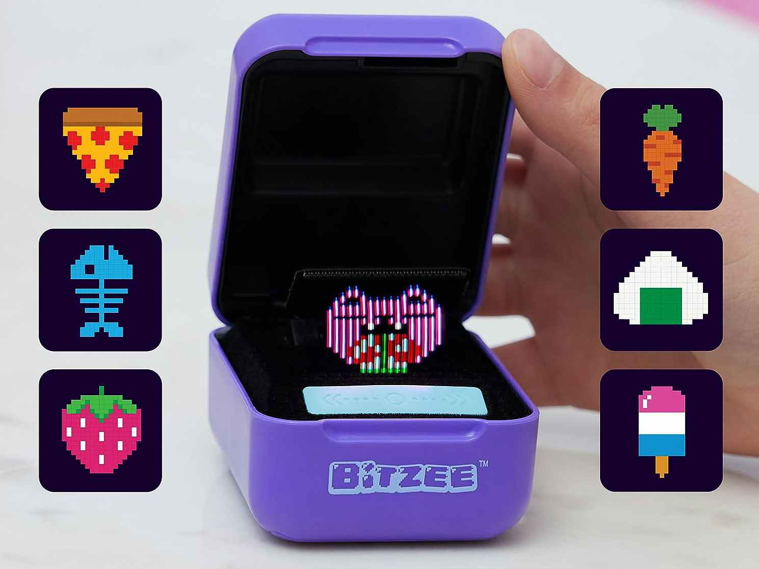 someone opening ip a Bitzee digital pet with food icons 