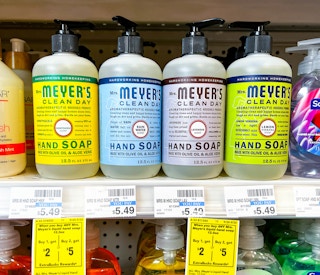 Mrs. Meyers hand soaps on shelf with sales tag underneath