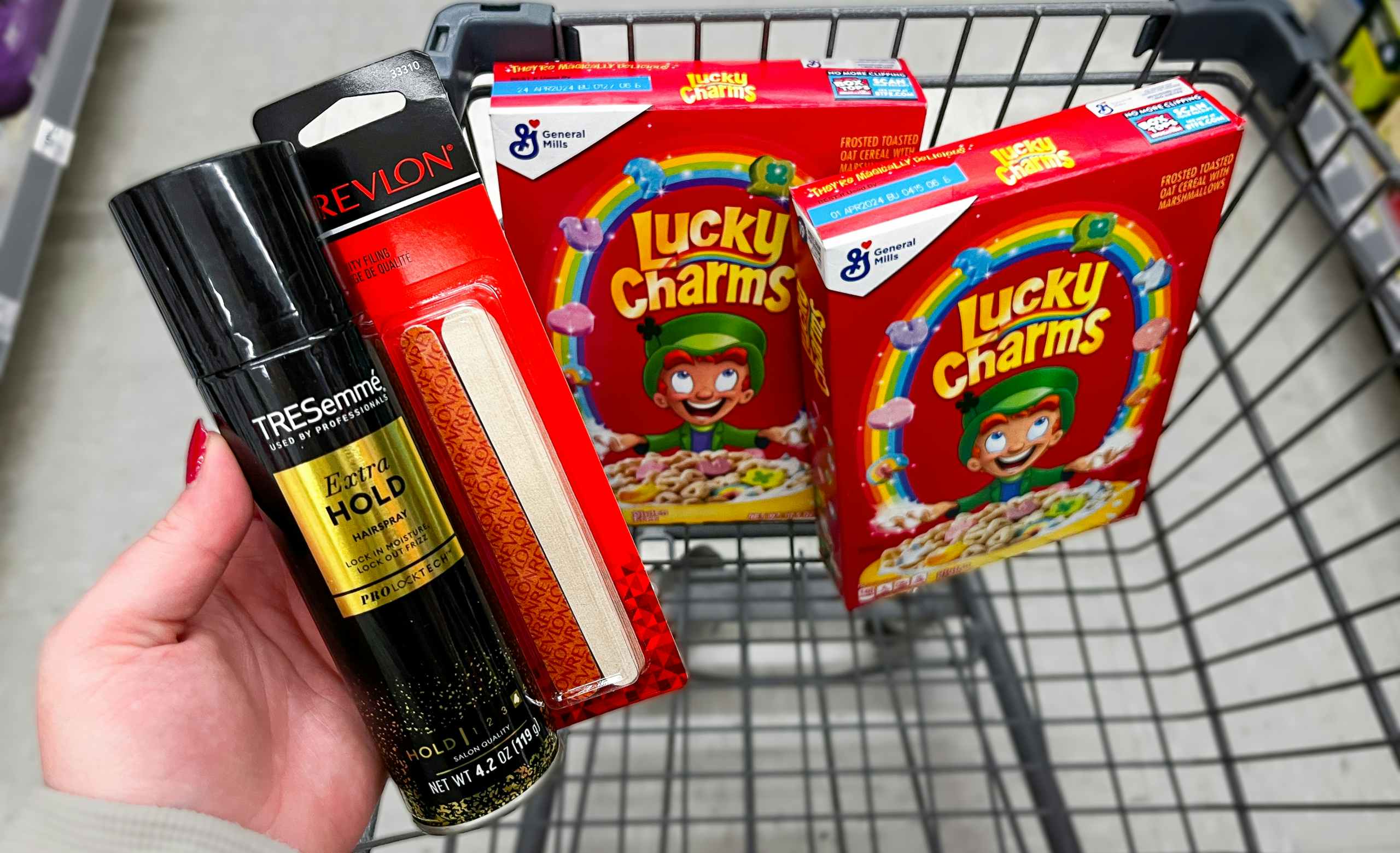 lucky charms cereal, tresemme hair spray, and revlon emery boards in cart