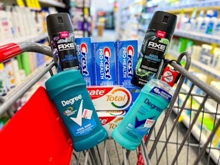 two Axe body sprays, two Degree deodorants, three Crest toothpastes, and two Colgate toothpaste in shopping cart