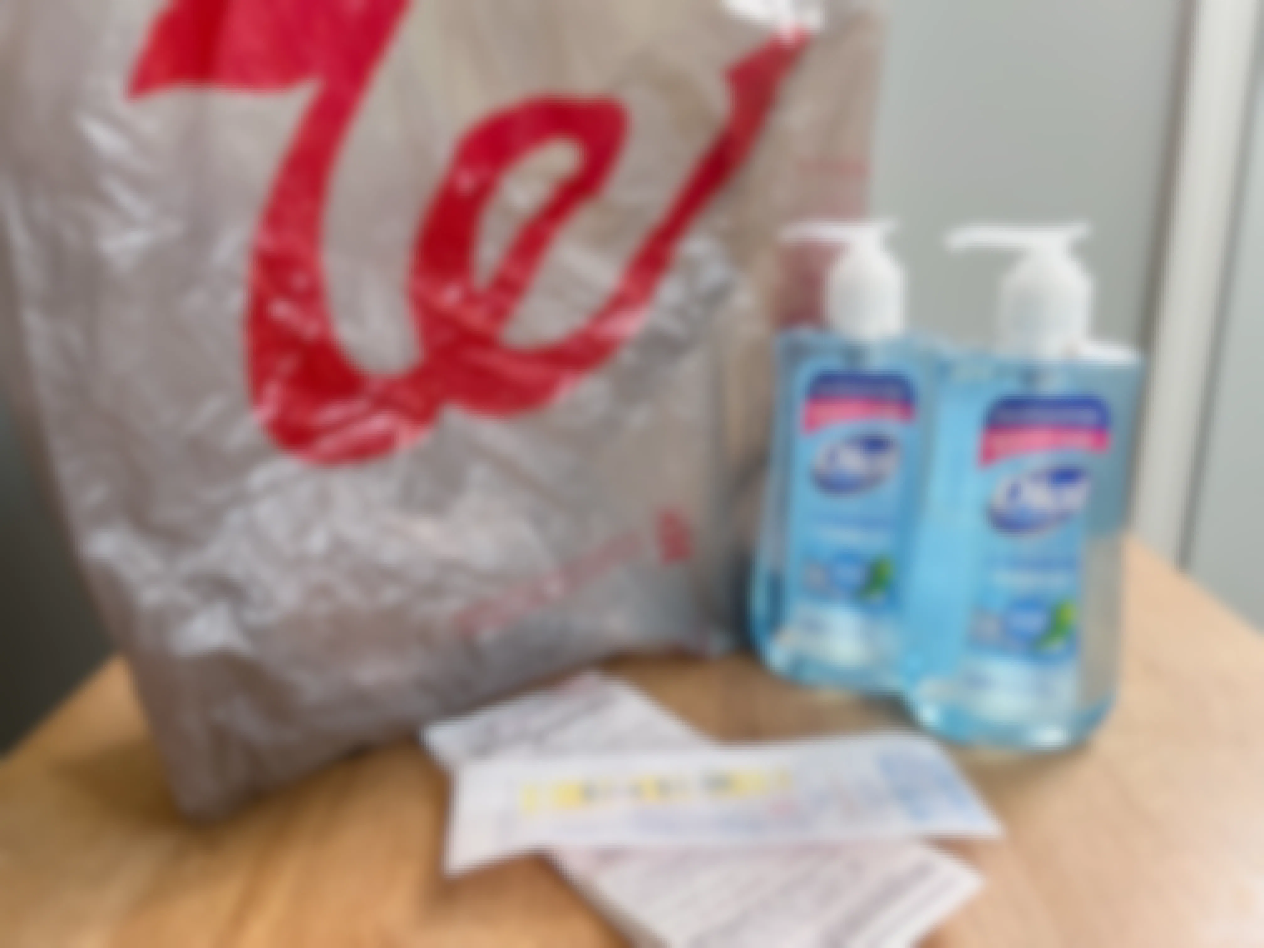 dial hand soap with Walgreens bag and receipt on table