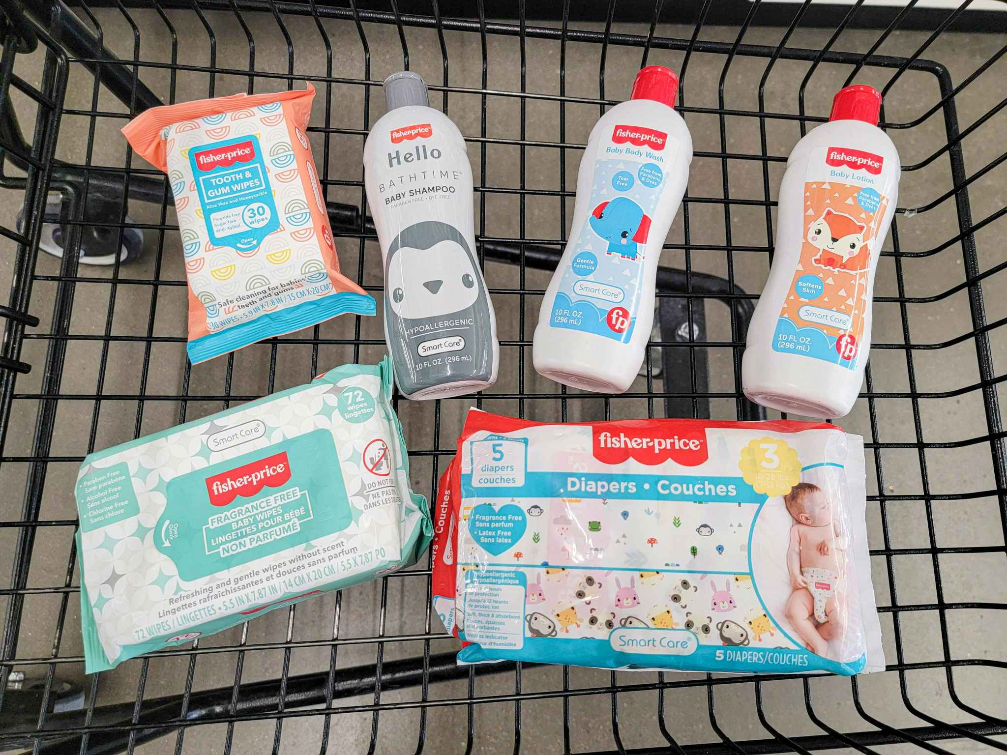 fisher price baby supplies in a cart