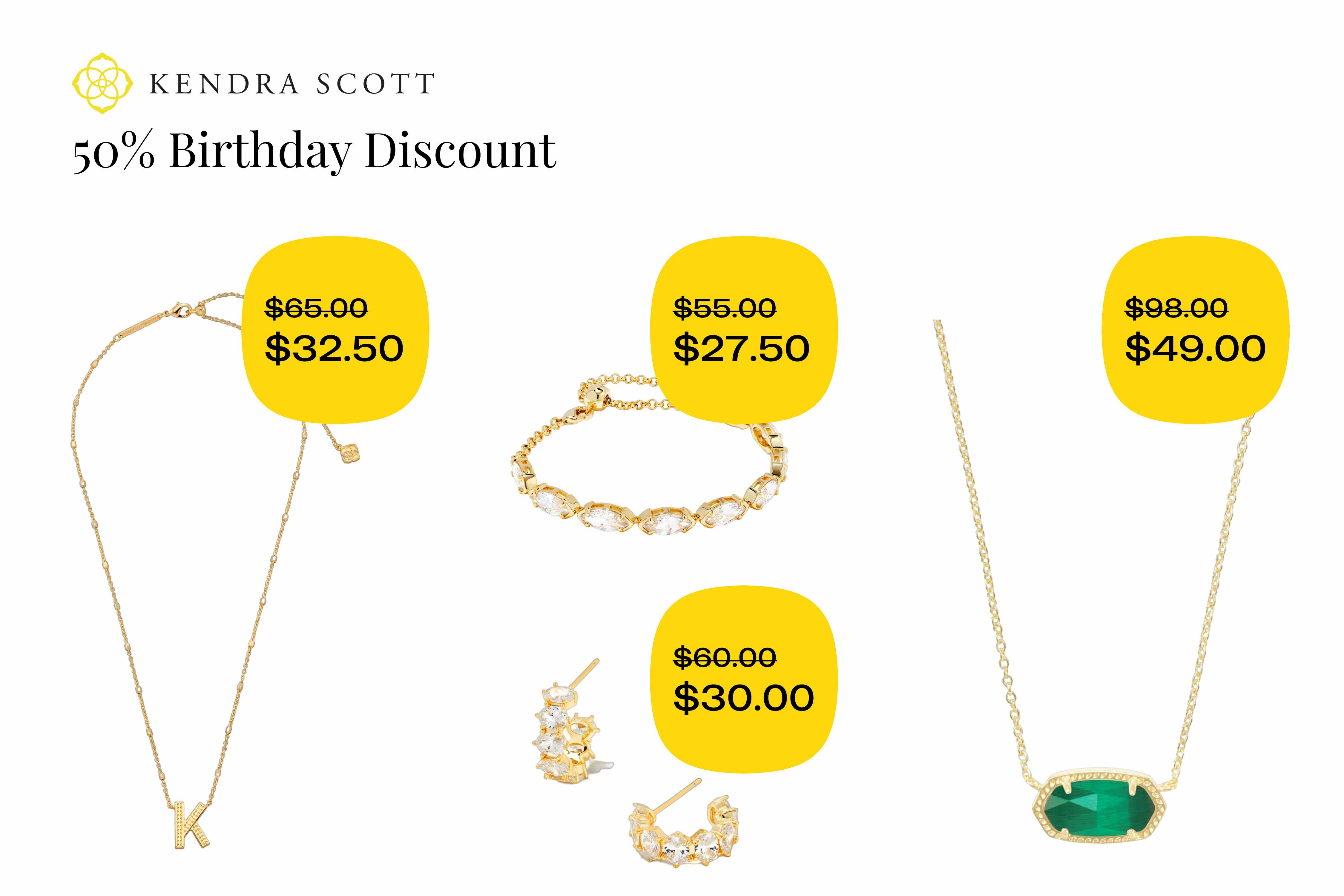 jewelry from Kendra Scott with a 50% birthday discount