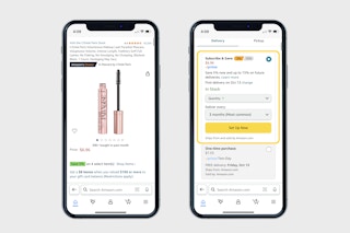 two phones showing L'Oreal Lash Paradise mascara and the subscribe and save option on the Amazon app