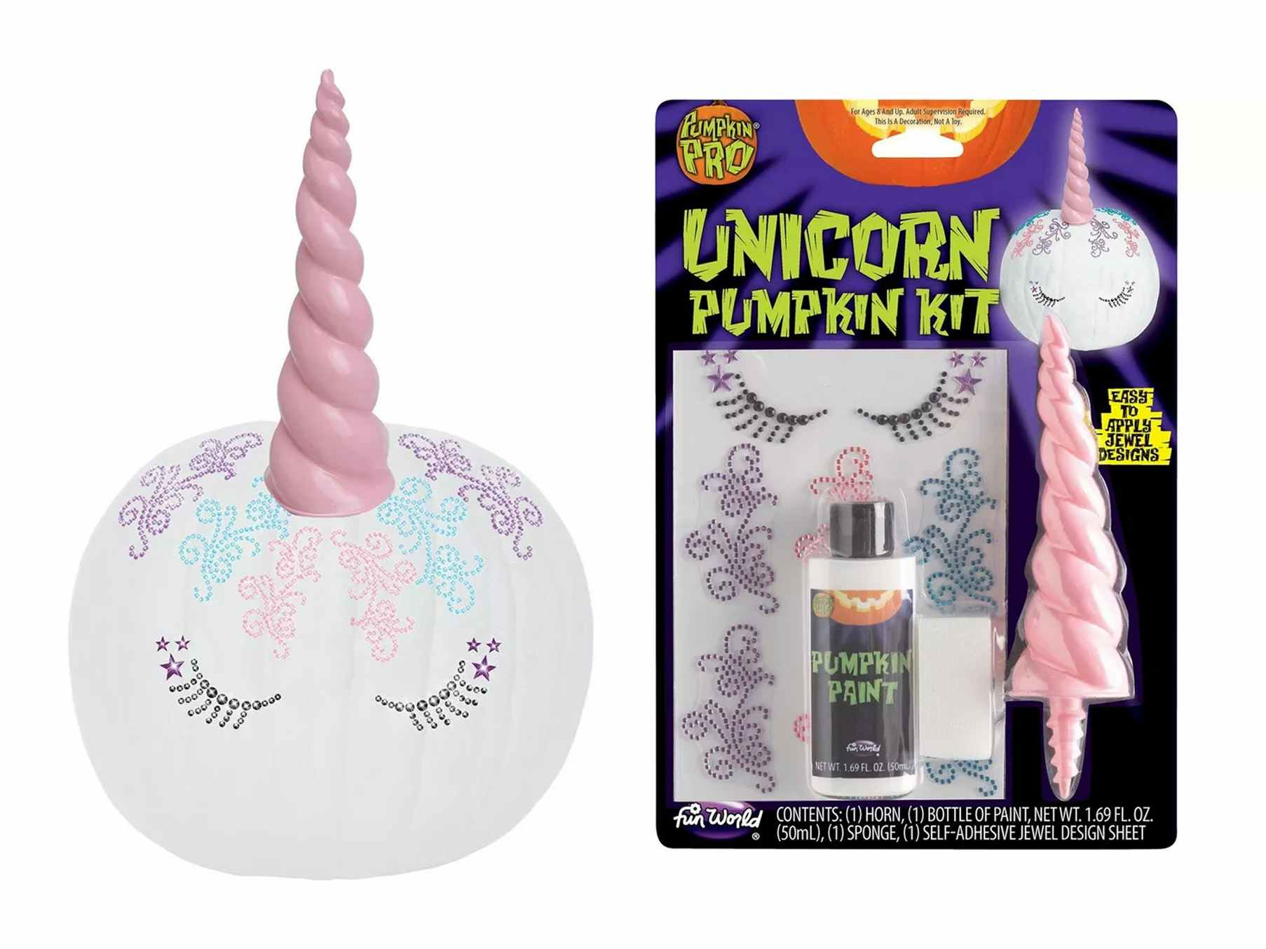 a pumpkin decorated as a unicorn and the kit available at Party City