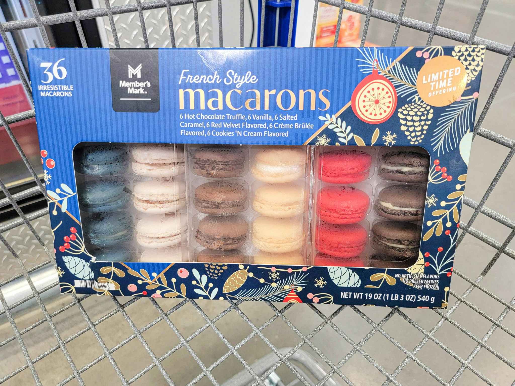 box of macarons in a cart